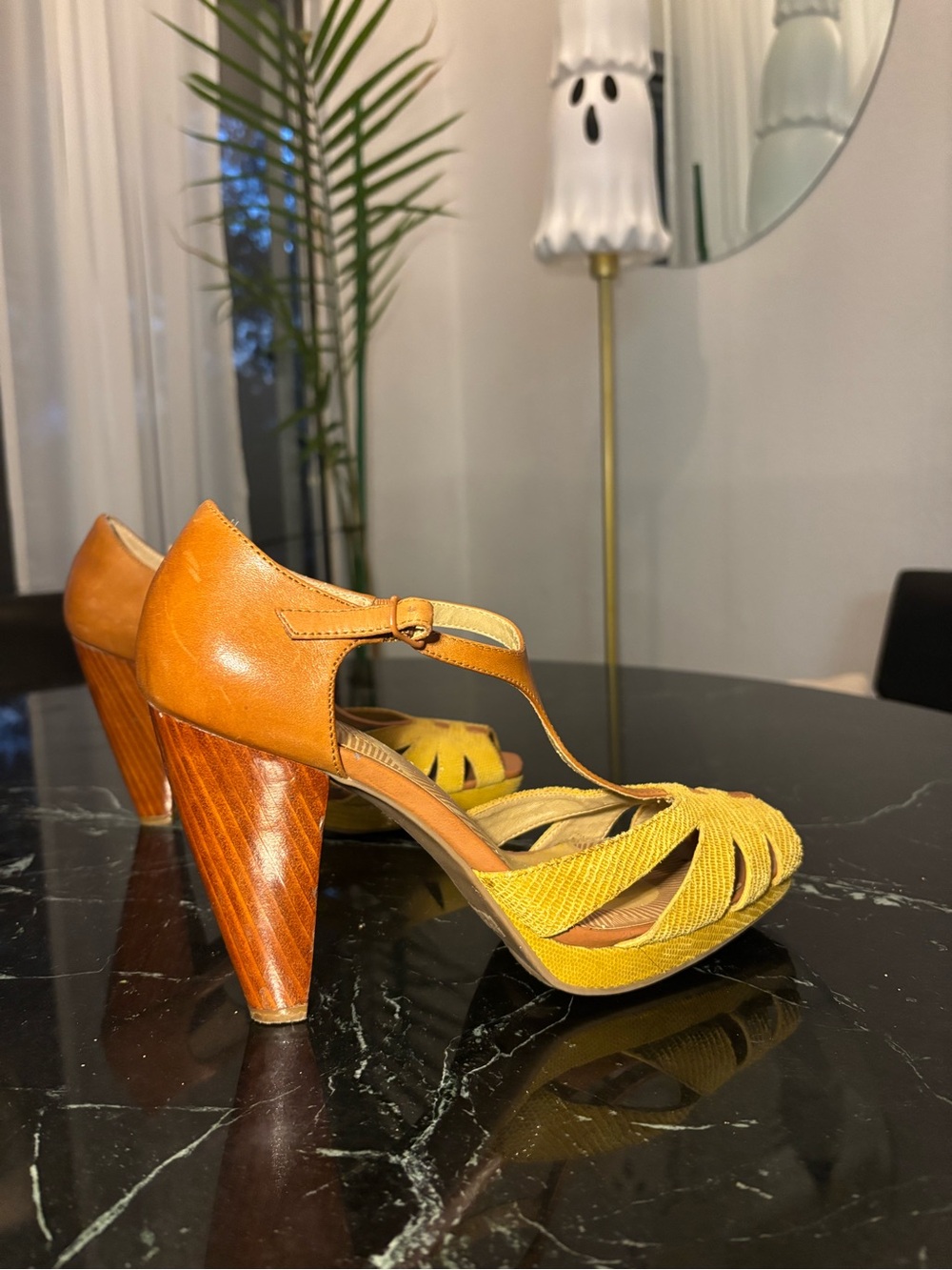Kenneth Cole Reaction Yellow Woven T-Strap Cone Heel Sandals